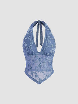 Cider - V-neck Halter Knotted Floral Mesh Tank Top