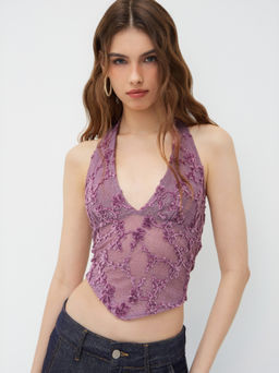 Cider - V-neck Halter Knotted Floral Mesh Tank Top