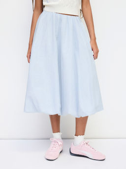 Cider - Cotton High Rise Stripe Texture Bubble Hem Midi Skirt