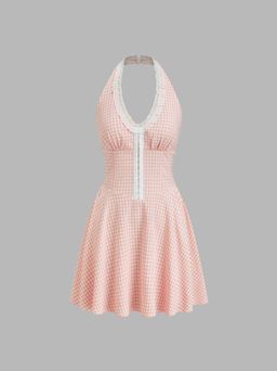 Cider - Halter Neckline Gingham Contrasting Binding Hook And Eye Mini Dress
