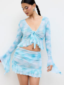 Cider - V-neck Illusion Ruffle Hem Cover Up Top