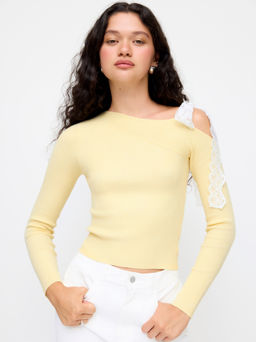 Cider - Knit Asymmetrical Neck Lace Knotted Long Sleeve Top
