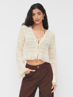 Cider - V-neck Shirred Tie Front Lettuce Trim See-through Blouse
