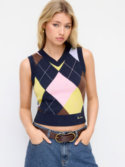 Cider - Knit V-neck Argyle Pattern Contrasting Binding Vest