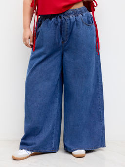 Cider - Denim Mid Rise Drawstring Wide Leg Jeans Curve & Plus