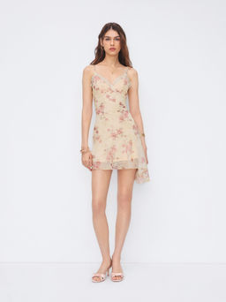 Cider - Mesh V-neck Floral Lace Trim Ruched Asymmetrical Hem Mini Dress