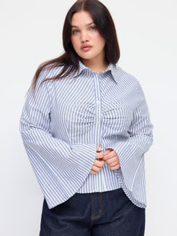 Cider - Cotton-blend Collar Stripe Ruched Bell Sleeve Shirt Curve & Plus