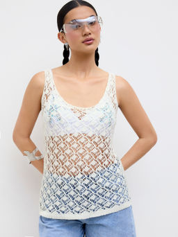 Cider - Knit U-neckline Hollow Out See-through Oversized Tank Top