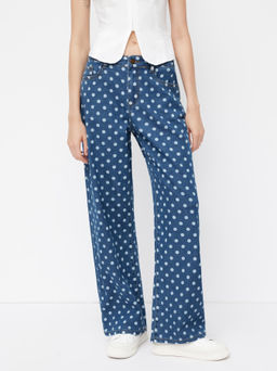 Cider - Denim Low Rise Polka Dots Straight Leg Jeans