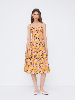 Cider - Cotton Lemon Lace Up Pleated Cami Dress