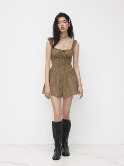 Cider - Cotton-blend Sweetheart Check Knotted Romper