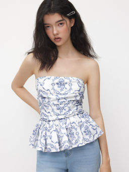 Cider - Bandeau Floral Shirred Ruffle Hem Top