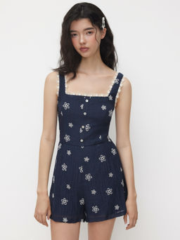 Cider - Square Neck Floral Lace Trim Romper