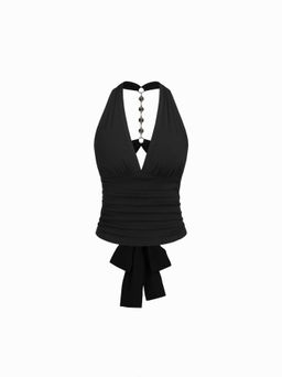 Cider - Halter V-neck Ruched Rhinestone Cut Out Tie Back Top