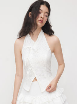 Cider - Lace Mandarin Collar Bowknot Split Tank Top