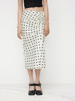 Cider - Mid Rise Polka Dot Ruched Knotted Split Midi Skirt