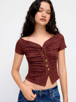 Cider - Off-shoulder Metal Detail Split Ruched Top