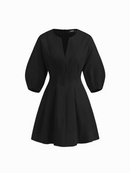 Cider - Linen-blend V-neck Lantern Mid-length Sleeve Cinched Waist Mini Dress