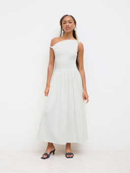 Cider - Cotton-blend Asymmetrical Neck Ruched Twist Pleated Dress