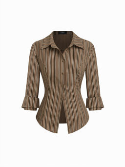 Cider - Collar Stripe Curved Hem Roll up Long Sleeve Blouse