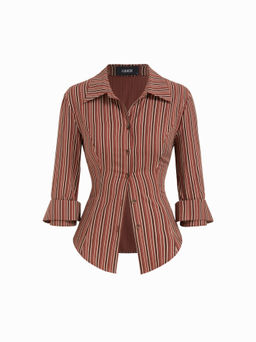 Cider - Collar Stripe Curved Hem Roll up Long Sleeve Blouse