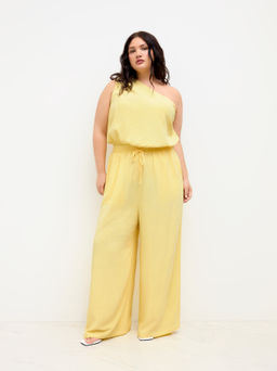 Cider - Linen-blend Asymmetrical Neck Drawstring Jumpsuit Curve & Plus