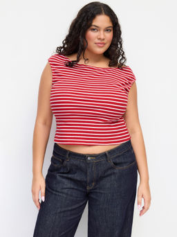 Cider - Cotton-blend Boat Neck Stripe Top Curve & Plus