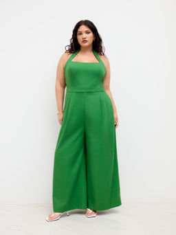 Cider - Linen-blend Halter Neckline Knotted Wide Leg Jumpsuit Curve & Plus