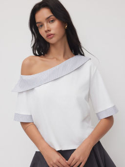 Cider - Cotton-blend Stripe Asymmetrical Neckline Oversized Tee