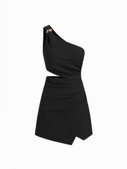 Cider - Asymmetrical Neck Metal Detail Cut Out Ruched Mini Dress