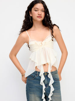 Cider - Sweetheart Knotted Lace Trim Ruffle Hem Cami Top