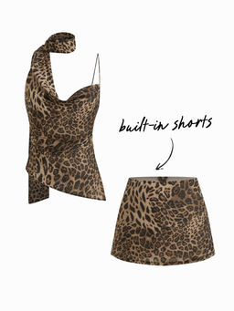 Cider - Cowl Neck Ruched Polka Dot Cami Top With Scarf & Mid Rise Mini Skort