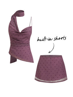 Cider - Cowl Neck Ruched Polka Dot Cami Top With Scarf & Mid Rise Mini Skort