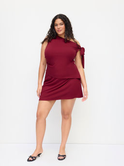 Cider - Asymmetrical Neck Knotted Top & Mid Rise A-line Mini skirt Curve & Plus