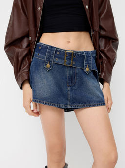 Cider - Denim Low Rise Mini Skort With Belt