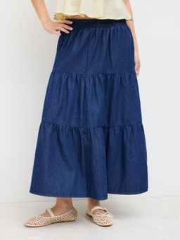 Cider - Denim Mid Rise Elastic Waist Tiered Skirt