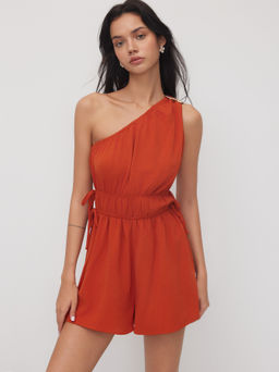 Cider - Asymmetrical Neckline Metal Detail Drawstring Knotted Romper