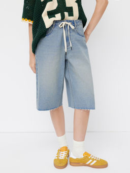 Cider - Denim Mid Rise Drawstring Raw Hem Bermuda Jorts