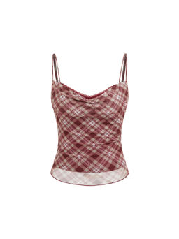Cider - Plaid Cowl Neck Lace Trim Cami Top