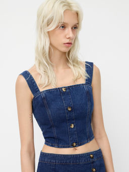 Cider - Denim Square Neck Button Shirred Crop Tank Top