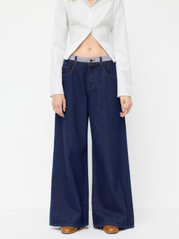 Cider - Denim Low Rise Patched Wide Leg Jeans