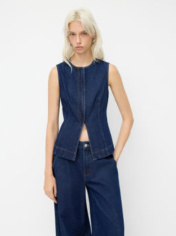 Cider - Denim Round Neckline Split Zip Through Tank Top