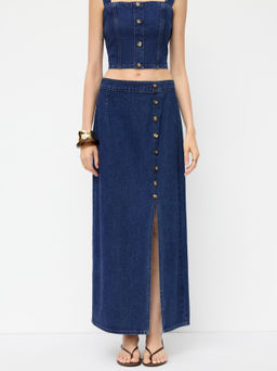 Cider - Denim Mid Rise Button Split Skirt