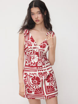 Cider - V-neck Floral Graphic Bowknot Mini Dress