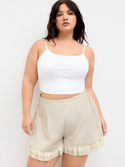 Cider - Mid Rise Lace Up Ruffle Hem Shorts Curve & Plus