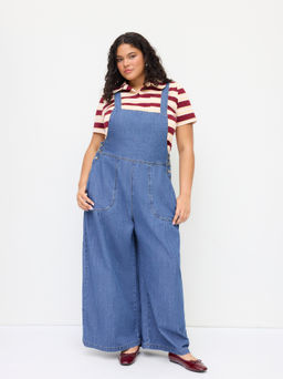 Cider - Denim Pleated Belted Shoulder Straps Jumpsuit Curve & Plus