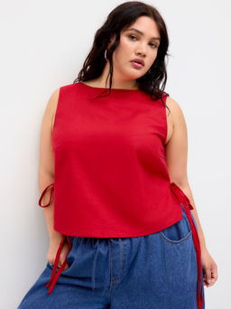 Cider - Linen-blend Boat Neck Tie Side Knotted Split Tank Top Curve & Plus
