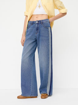 Cider - Denim Mid Rise Patched Straight Leg Jeans