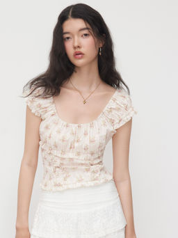 Cider - 100% Cotton Floral Lettuce Trim Shirred Tank Top