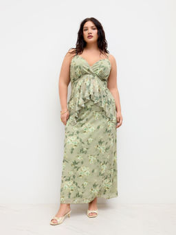 Cider - V-neck Floral Ruffle Cami Top & Mid Rise Maxi Skirt Curve & Plus